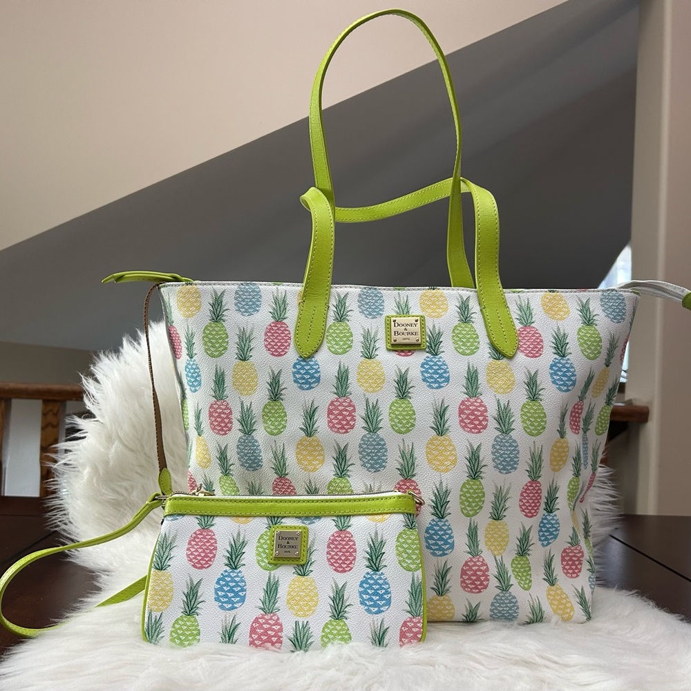 Dooney & Bourke White Tote with Multicolor Pineapple Print and Lime Trim